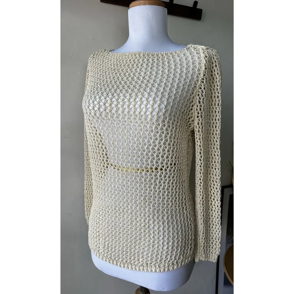 ZARAKNIT Beige Knit Openwork Long Sleeve Boat Neck Women's Top Small